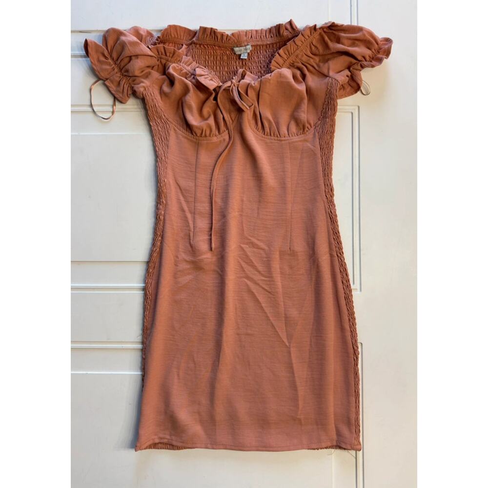 Love Tree Womens Sz S Coral Pink Orange Ruffled Smocked Mini Dress - Picture 3 of 6